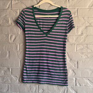 J.Crew Vintage Cotton Striped V-Neck Tee - XS - Pink & Green!